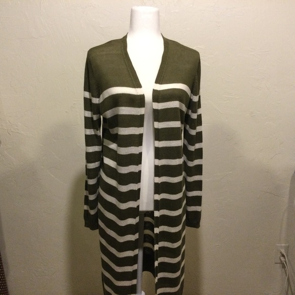 Talbots 100% Linen Olive Green & White Striped Longline Openfront Cardigan S - Picture 3 of 7